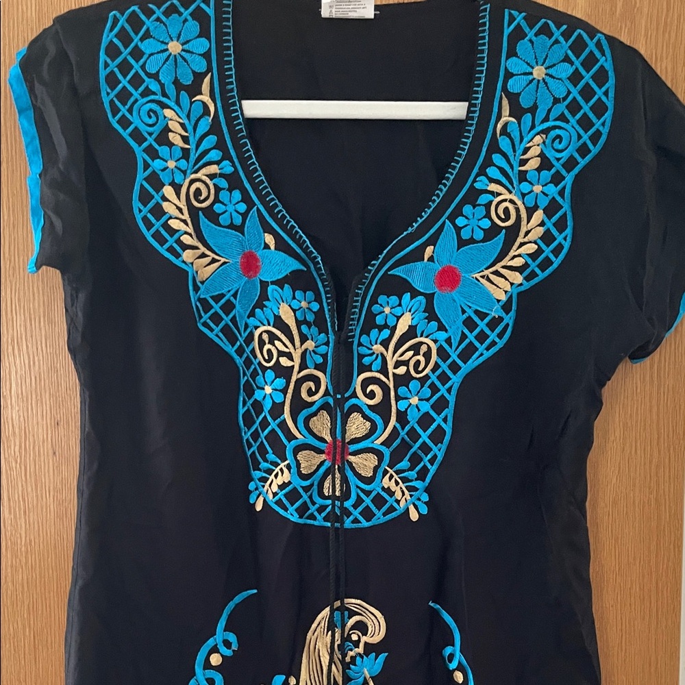 Black with Blue Mexican Embroidery Dress